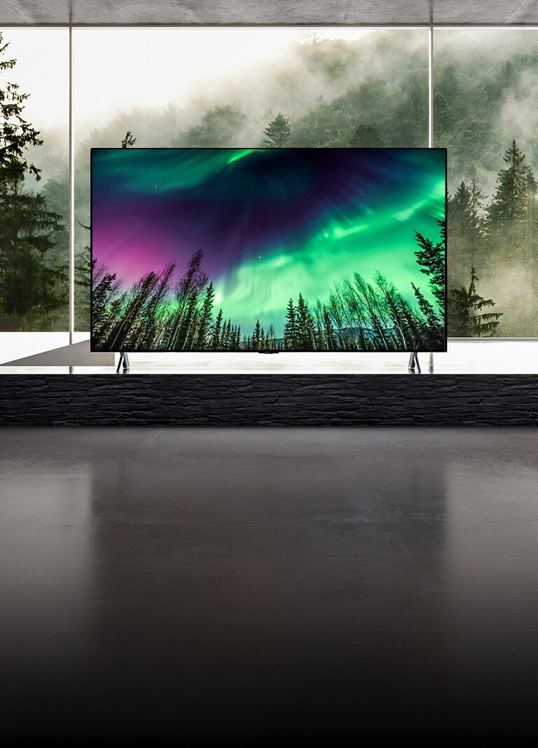 A câmera se move em close-up, do topo para a frente da TV. A tela da TV mostra uma aurora boreal esverdeada. A câmera se afasta para mostrar uma área de estar bem ampla. A sala de estar é predominantemente cinza e, através da janela, vê-se uma floresta no lado de fora.
