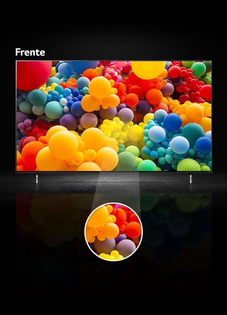 A tela QNED é vista de frente e exibe uma miscelânea de bexigas com as cores do arco-íris. O texto em cima da TV diz "Frente". Uma parte do meio da tela está destacada numa área circular separada.