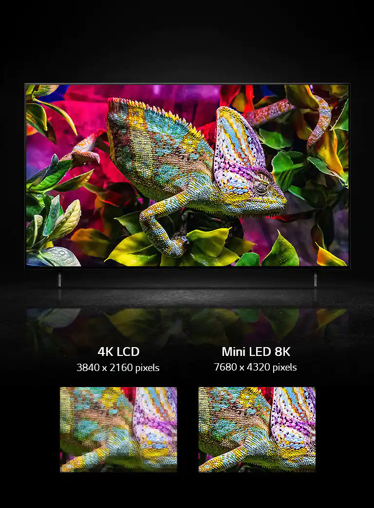 O monitor da TV QNED mostra um lagarto muito colorido apoiado em folhas coloridas. Abaixo da TV QNED, há duas pequenas imagens com recortes parciais do lagarto mostrando detalhes da pele. À esquerda, está a versão LCD 4K e, à direita, a versão Mini-LED 8K. A imagem da Mini-LED 8K é mais vívida e nítida.