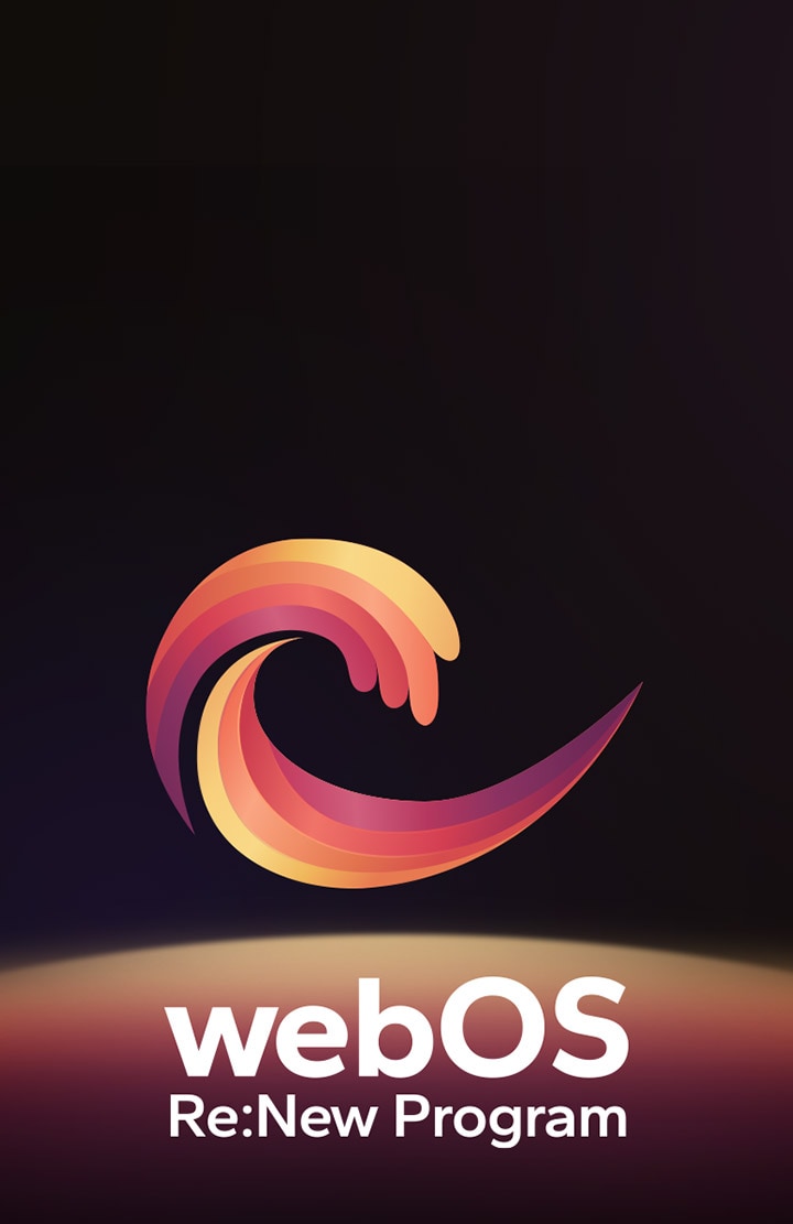 O logotipo do webOS Re:New Program é apresentado sobre um fundo preto com uma esfera circular amarela, laranja e roxa na parte inferior. 