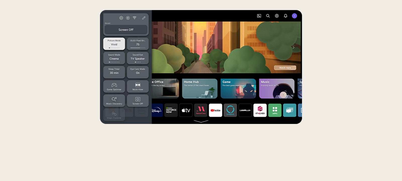 Imagem da experiência de usuário da LG OLED, com recursos de acessibilidade abertos no lado esquerdo da tela.
