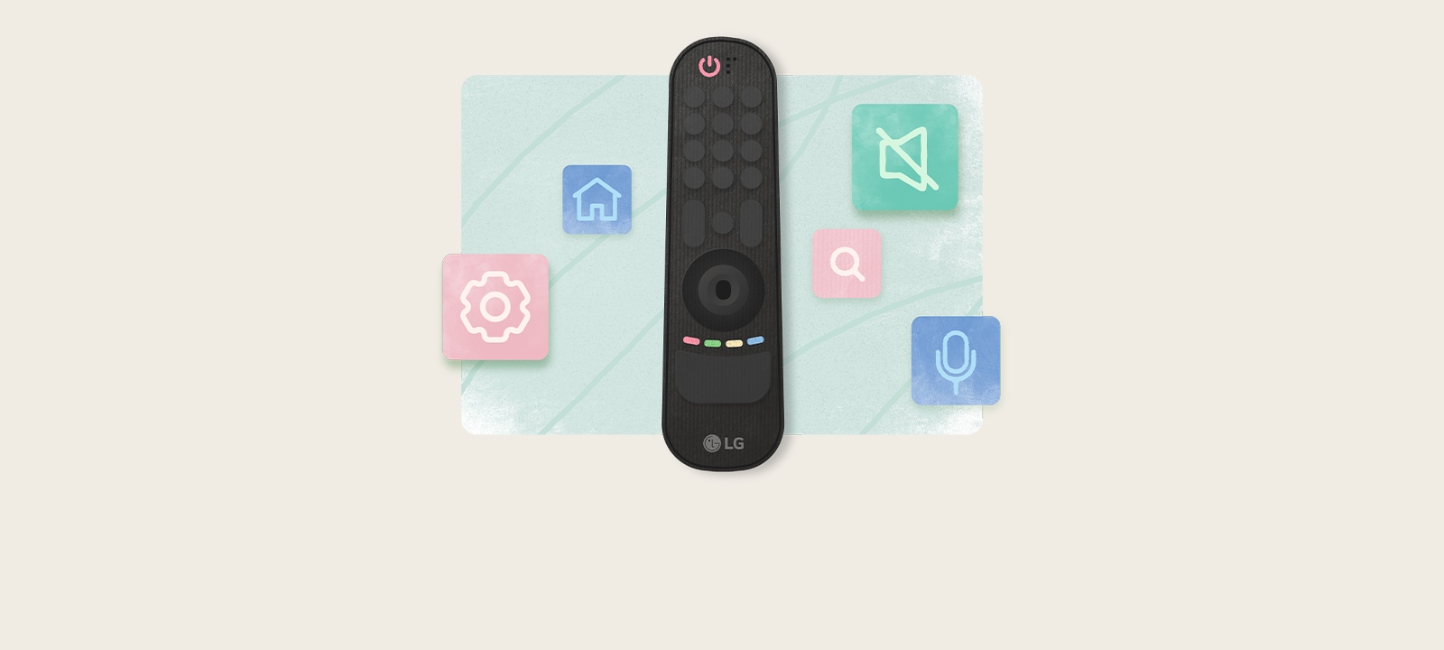 Ilustração do controle remoto com ícones coloridos explicando a função de cada botão.