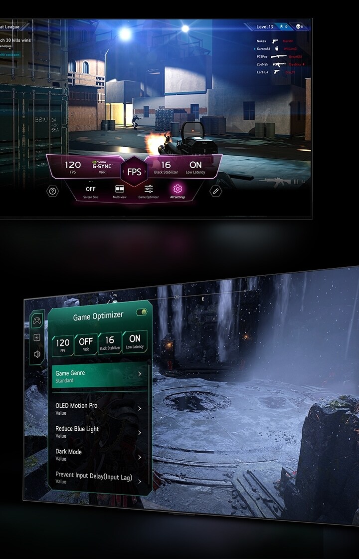 A FPS gaming scene with the Game Dashboard appearing over the screen during gameplay. A dark, wintery scene with the Game Optimizer menu appearing over the game.