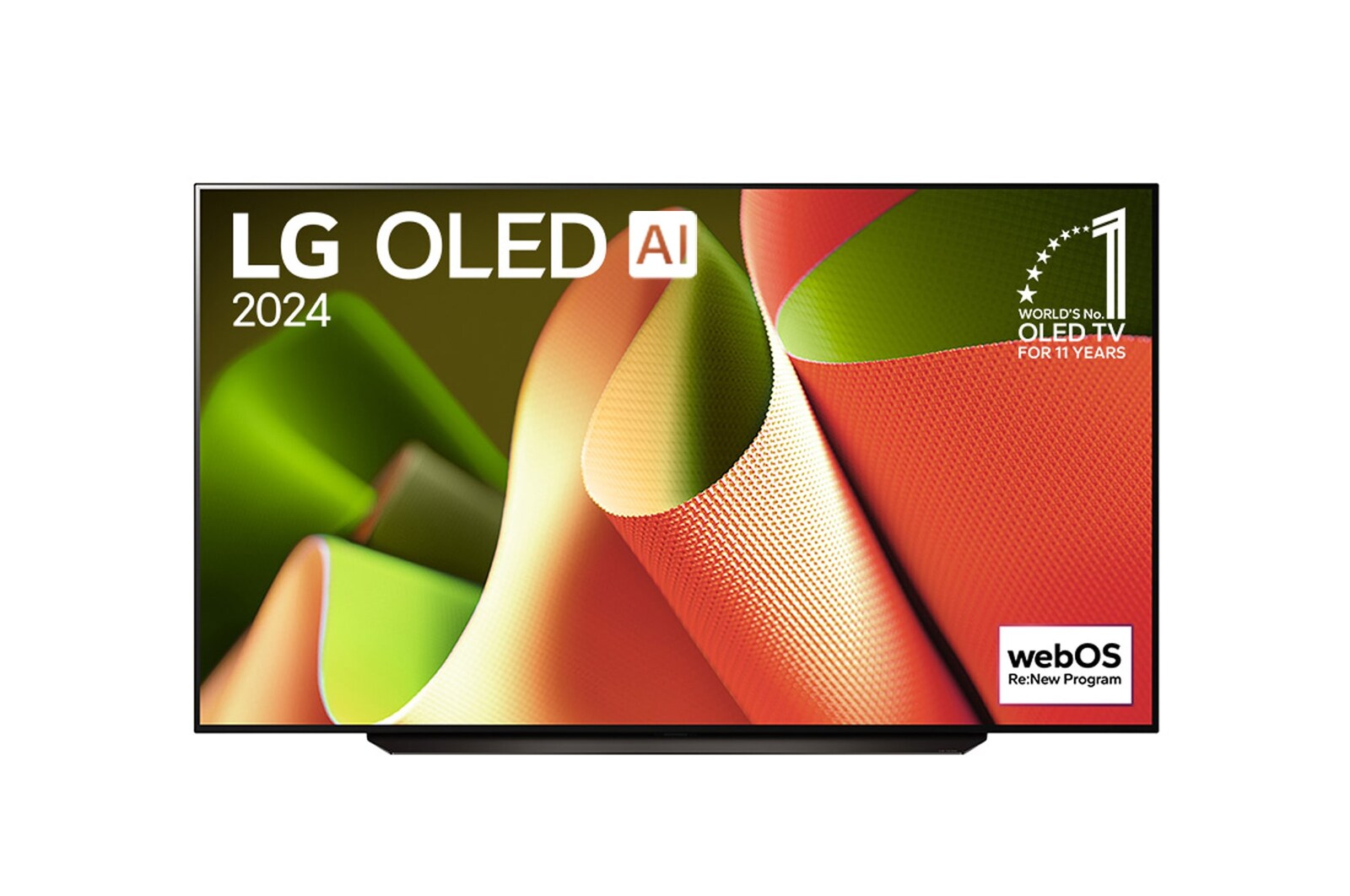 Front view with LG OLED TV, OLED B4, 11 Years of world number 1 OLED Emblem and webOS Re:New Program logo on screen with 2-pole stand