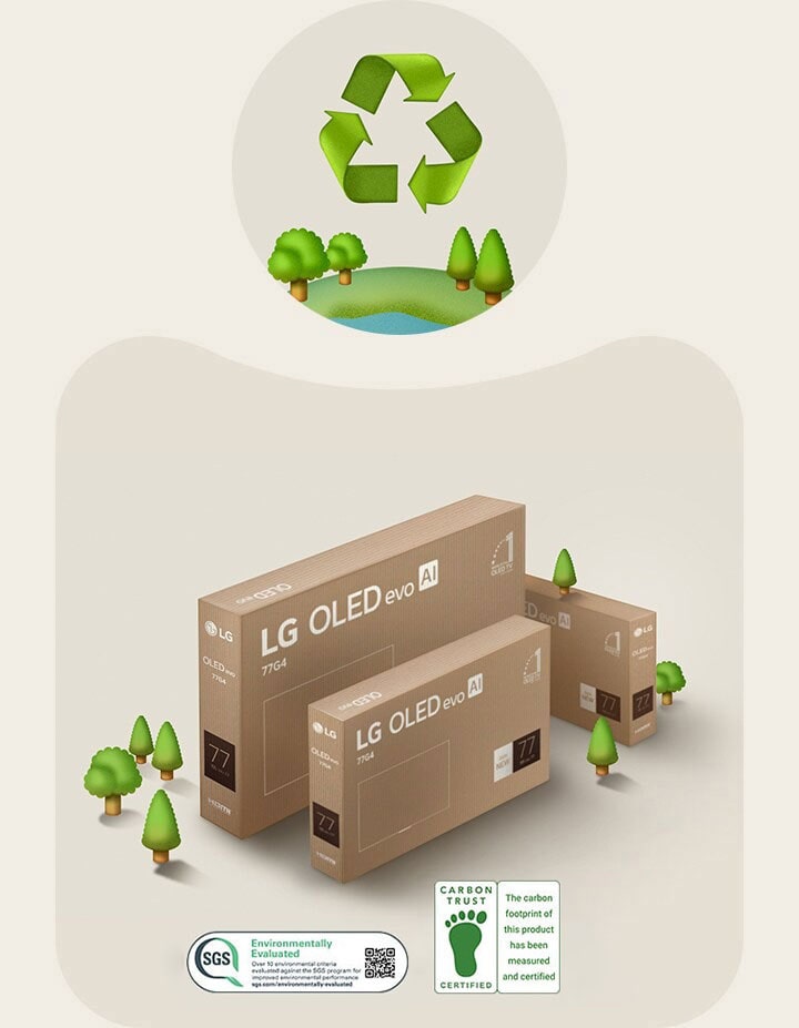LG OLED packaging against a beige background with illustrated trees.