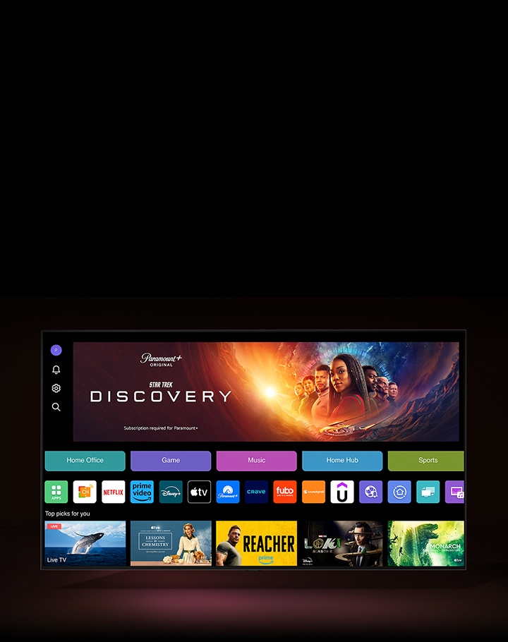 The streaming home screen shows all apps, categories, and recommended content.