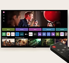 LG webOS interface with the AI Magic Remote in the foreground. The thumbnails on the user interface show personalized content recommendations from AI Voice ID.