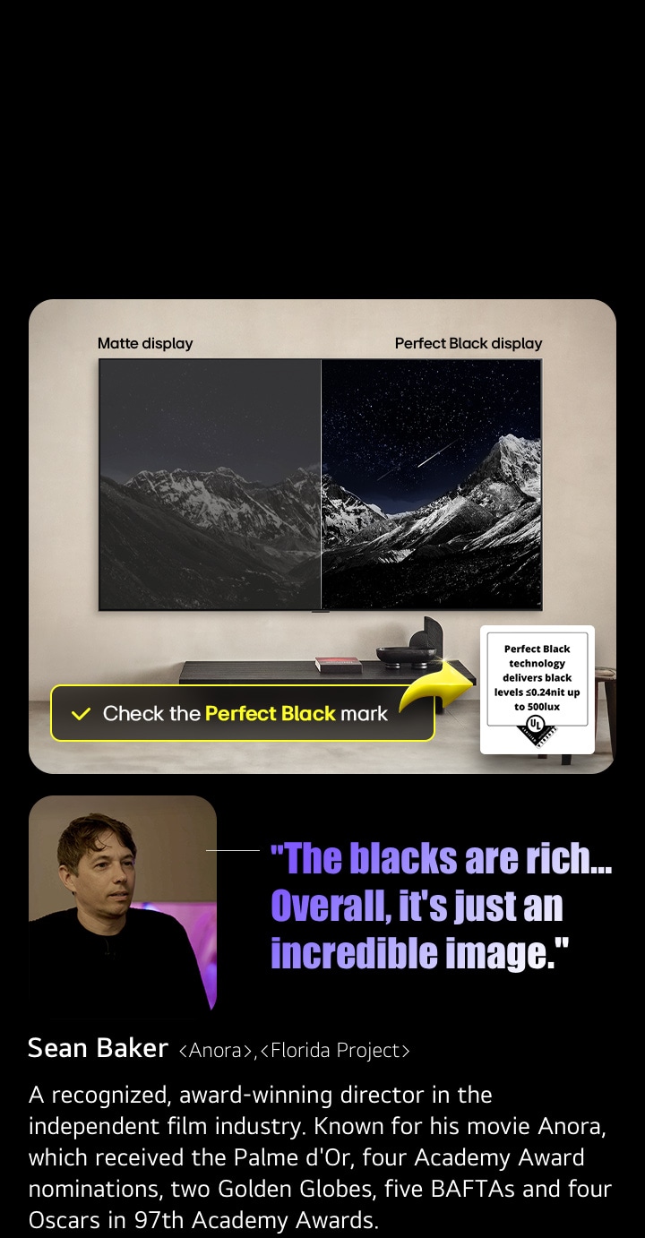 Wall-mounted LG OLED TV. On its screen is a mountain range against an evening sky filled with stars. The screen is split in half. On one end labeled Non Perfect Black display, the colors are dull and gray, the stars are hardly visible. On the other end labeled Perfect Black display, the blacks are deep and dark, the stars are bright and white, resulting in a very pleasing picture with high contrast.
