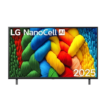 Front view of NanoCell TV, LG NanoCell Al Logo on the top corner. LG NanoCell NANO80 TV depicts colourful paintike textures coming together.