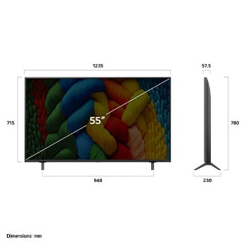 Front view and side view of LG NanoCell NANO80 AI 4K Smart TV showing its length, width, height, and depth dimensions.