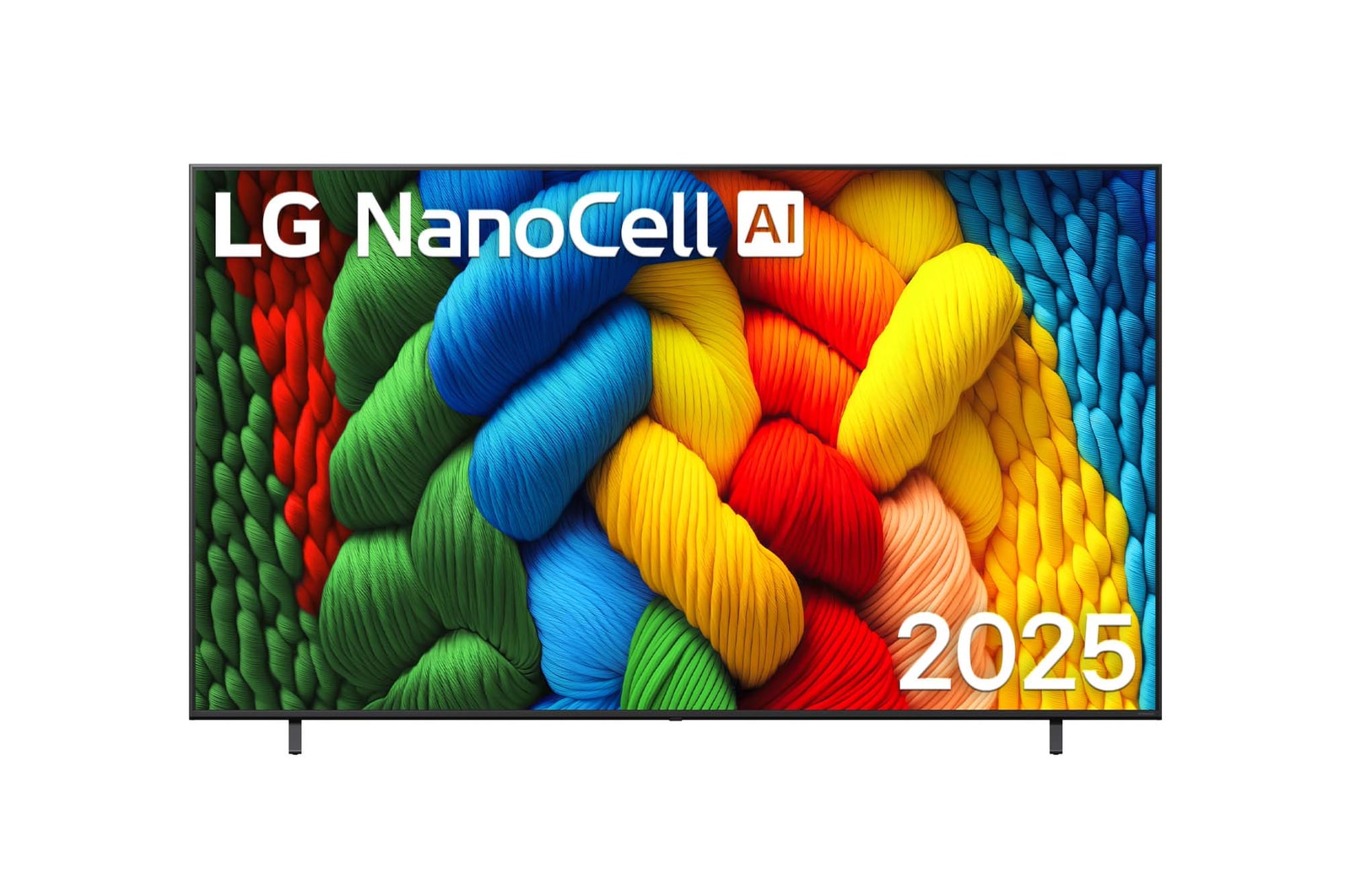 Front view of NanoCell TV, LG NanoCell Al Logo on the top corner. LG NanoCell NANO80 TV depicts colourful paintike textures coming together.