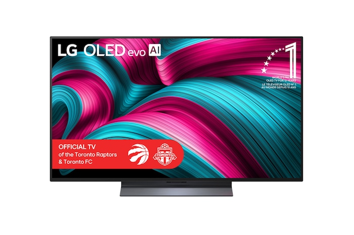 Front view of LG OLED evo AI C5 4K Smart TV. 12 Years of world number 1 OLED emblem and LG OLED evo AI 2025 logo are on the screen.