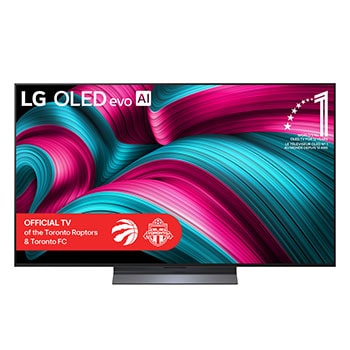 Front view of LG OLED evo AI C5 4K Smart TV. 12 Years of world number 1 OLED emblem and LG OLED evo AI 2025 logo are on the screen.