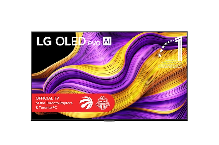 Front view of LG OLED evo AI G5 4K Smart TV. 12 Years of world number 1 OLED emblem and LG OLED evo AI 2025 logo are on the screen.