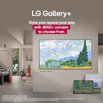 Interior of a sophisticated home. Lots of different artworks are displayed. On the center wall is an LG TV with artwork on the screen. The TV looks like a painting from a museum.