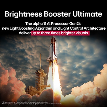 A space shuttle launching from the ground. The scene is split in the middle with one half slightly darker and duller. The other half shows how the rocket blast is remarkably bright, demonstrating how bright visuals can be on an LG OLED TV screen with the light emitting structure and lighting control architecture of Brightness Booster Max.