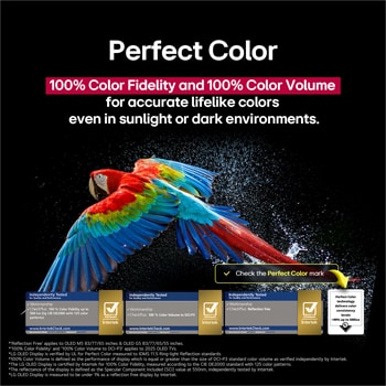 colourful parrot in ultra-high definition against a black background. Water drops are suspended in the air all around it. The image showcases Perfect colour as each different hue on the parrot's body is vibrant and vivid. The dark background with the detailed water splashes also highlights how the screen is reflection-free. Different logo certifications from UL and Intertek are visible. These refer to its 100% colour Fidelity, 100% colour Volume, and reflection-free claim. Text is also visible, check the Perfect colour certification mark.