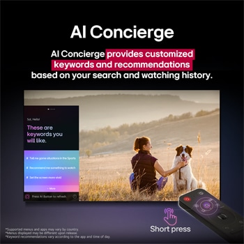 LG AI Magic Remote in front of an LG TV screen. On the screen is a personalized greeting from the LG AI with custom keywords based on the user's search and watch history. By the remote is an icon and label showing that the AI Concierge functionality is easily accessible with one short press on the AI button.