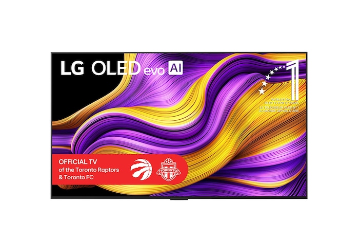 Front view of LG OLED evo AI G5 4K Smart TV. 12 Years of world number 1 OLED emblem and LG OLED evo AI 2025 logo are on the screen.