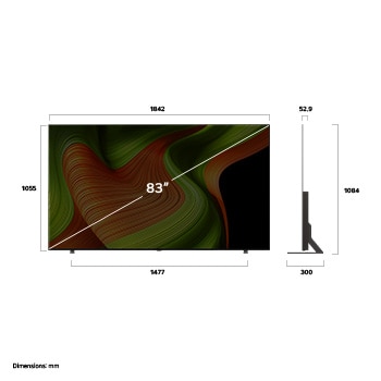 Front view and side view of LG OLED AI B5 4K Smart TV showing its length, width, height, and depth dimensions.