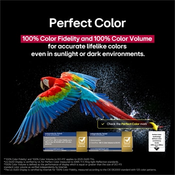 Colorful parrot in ultra-high definition against a black background. Water drops are suspended in the air all around it. The image showcases Perfect Color as each different hue on the parrot's body is vibrant and vivid. The dark background with the detailed water splashes also highlights how the screen is reflection-free. Different logo certifications from UL and Intertek are visible. These refer to its 100% Color Fidelity, 100% Color Volume, and reflection-free claim. Text is also visible, check the Perfect Color certification mark.