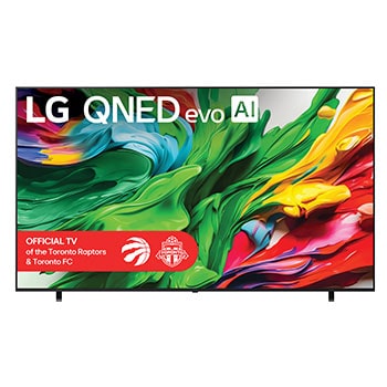 Front view of LG QNED evo QNED85 TV, LG QNED evo Al Logo on the top corner. LG QNED evo QNED85 TV depicts colorful paintike textures coming together.