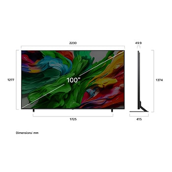 Front view and side view of LG QNED evo AI QNED85 4K Smart TV showing its length, width, height, and depth dimensions.