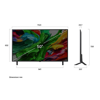 Front view and side view of LG QNED evo AI QNED85 4K Smart TV showing its length, width, height, and depth dimensions.