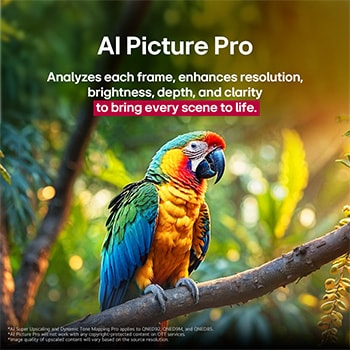 Parrot on a tree branch in vivid colour. The title talks about how LG Al Picture Pro made impressive visual enhancements to the scene's resolution, brightness, depth, and clarity.
