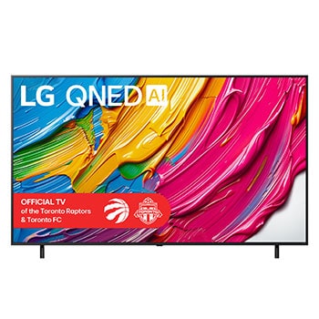Front view of LG QNED80 TV, LG QNED Al Logo on the top corner. LG QNED TV depicts colourful paintike textures coming together.