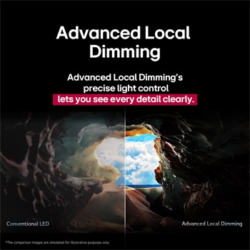 Perspective from the inside of a cave looking out to its entrance where a blue sky and horizon can be seen. The whole scene is split in half to show the capability of QNED's Advanced Local Dimming. On one side, the colours and detail are washed out and the visuals seem muddy. The label says, Conventional LED. The other side has great blacks, better contrast, brightness and colour. The label says Advanced Local Dimming. The title talks about how Advanced Local Dimming provides a sharper picture.