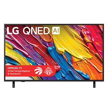 Front view of LG QNED82 TV, LG QNED Al Logo on the top corner. LG QNED TV depicts colourful paintike textures coming together.