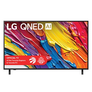 Front view of LG QNED82 TV, LG QNED Al Logo on the top corner. LG QNED TV depicts colourful paintike textures coming together.