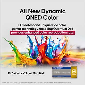 Splashes of paint burst from the floor up in diverse colours. Intertrek certification for 100% Colour Volume to DCI-P3. The title talks about LG’s new and unique wide colour gamut technology that allows you to see vivid colour on your screen.