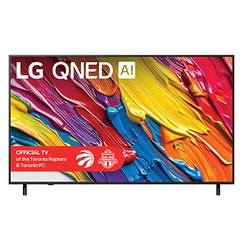 Front view of LG QNED82 TV, LG QNED Al Logo on the top corner. LG QNED TV depicts colourful paintike textures coming together.