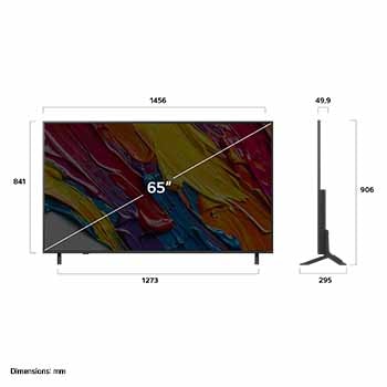 Front view and side view of LG QNED82 AI 4K Smart TV showing its length, width, height, and depth dimensions.
