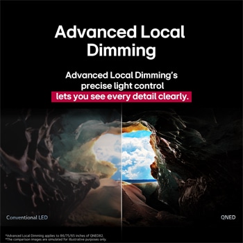 Perspective from the inside of a cave looking out to its entrance where a blue sky and horizon can be seen. The whole scene is split in half to show the capability of QNED's Advanced Local Dimming. On one side, the colours and detail are washed out and the visuals seem muddy. The label says, Conventional LED. The other side has great blacks, better contrast, brightness and colour. The label says Advanced Local Dimming. The title talks about how Advanced Local Dimming provides a sharper picture.