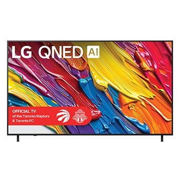 Front view of LG QNED82 TV, LG QNED Al Logo on the top corner. LG QNED TV depicts colourful paintike textures coming together.