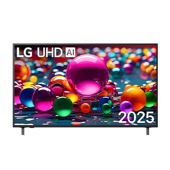 Front view of UHD UA75 TV, LG UHD Al Logo on the top corner. LG UHD TV depicts colourful paintike textures coming together.
