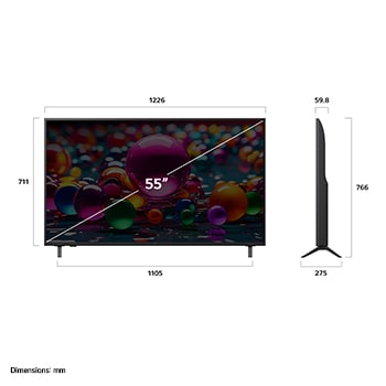 Front view and side view of LG UHD AI  UA75 4K Smart TV showing its length, width, height, and depth dimensions.