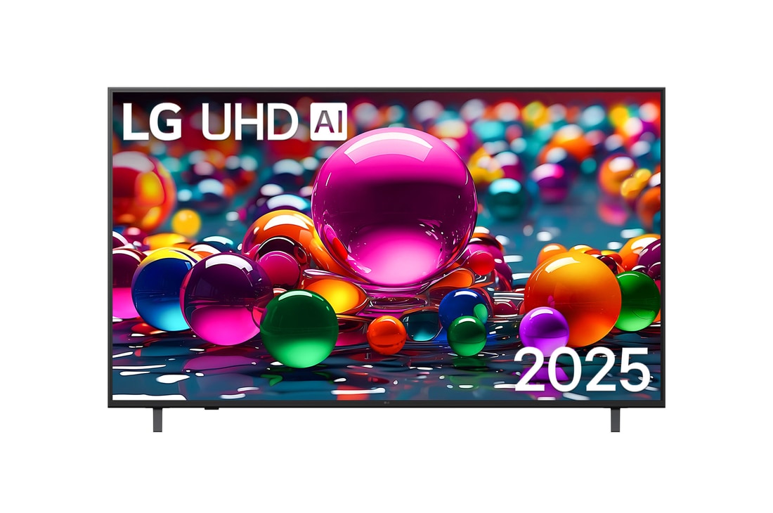 Front view of UHD UA75 TV, LG UHD Al Logo on the top corner. LG UHD TV depicts colourful paintike textures coming together.