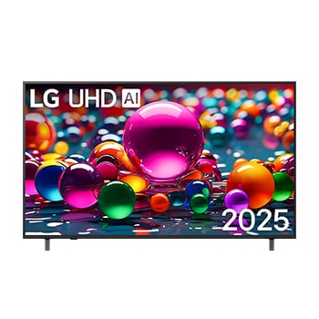 Front view of UHD UA75 TV, LG UHD Al Logo on the top corner. LG UHD TV depicts colourful paintike textures coming together.