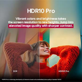 A photo of a girl in a red sweater split down the middle to show the left side in SDR and the right side in HDR10 Pro. The right side of the image is more sharp and in contrast in comparison to the left side of the image. The title talks about how HDR10 Pro provides elevated image quality and sharper contrast.
