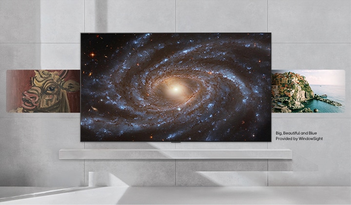 Wall-mounted LG TV with a variety of content cycling through the screen from classic art, modern art, photos, wallpapers, and more.