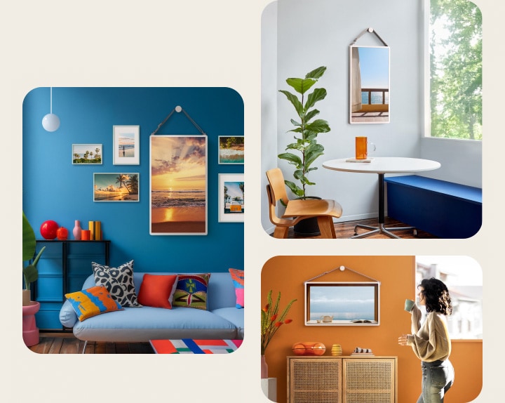 Different living spaces with LG StanbyME 2 screens on the wall. Landscape photos are displayed on the screens.