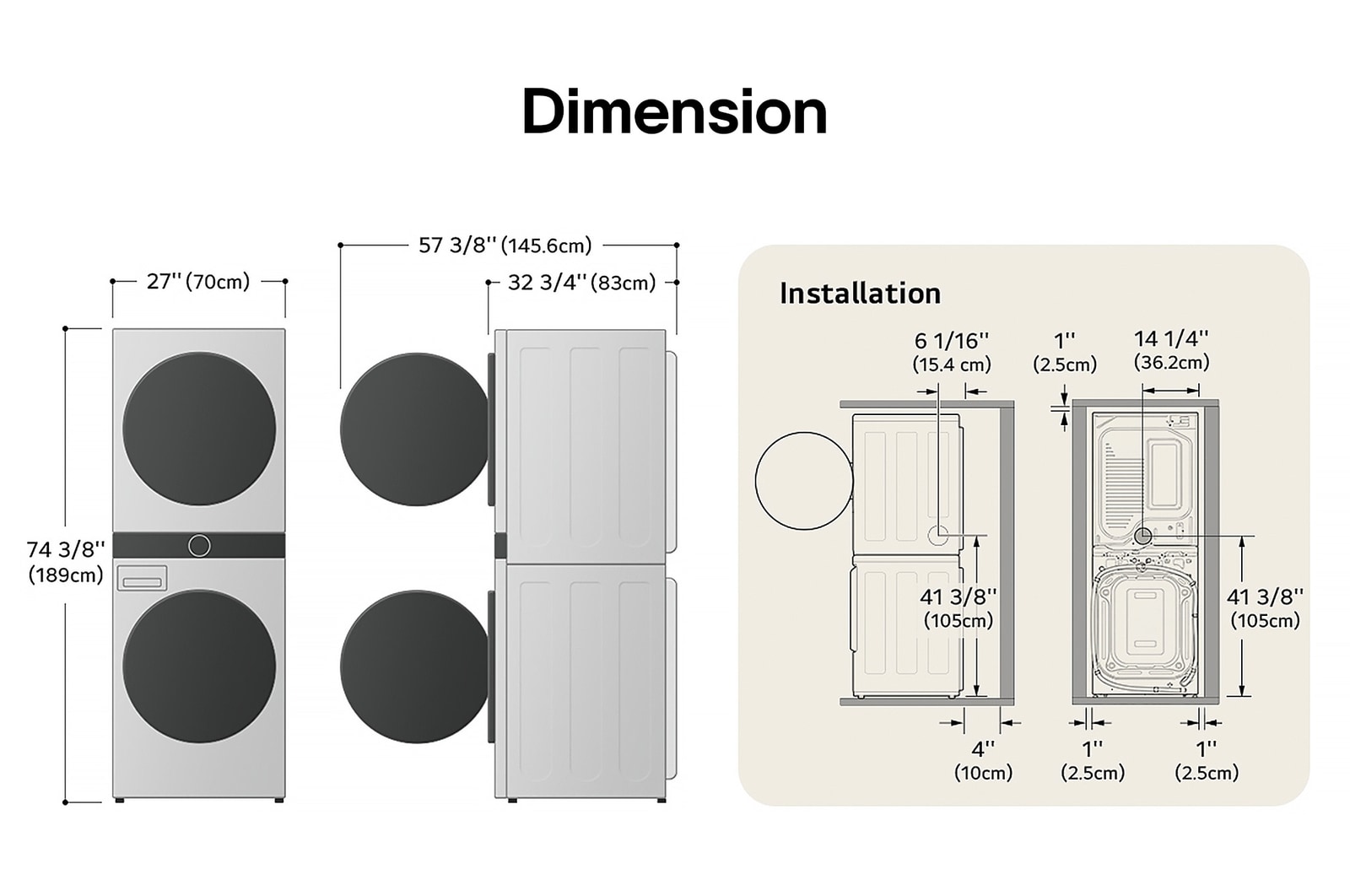 Technical dimension and installation diagram for the LG WashTower: 27 in (70 cm) wide, 74 3/8 in (189 cm) high, 32 3/4 in (83 cm) deep, and 57 3/8 in (145.6 cm) with door open, detailing installation clearances.
