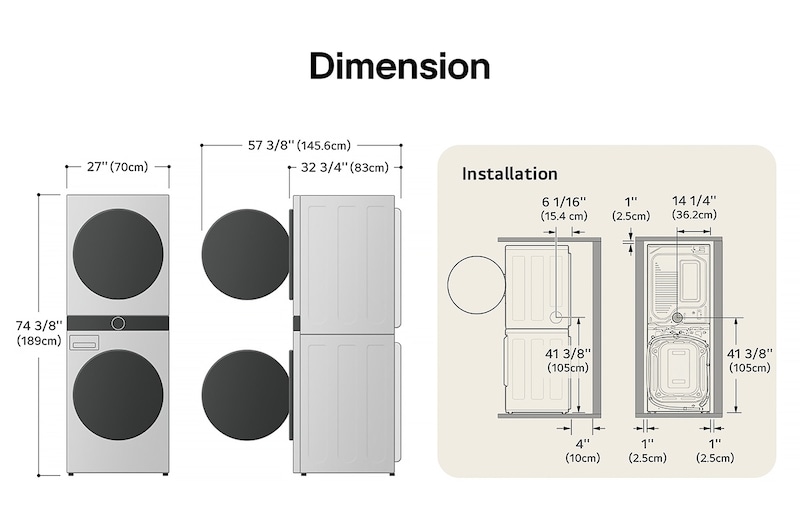 Technical dimension and installation diagram for the LG WashTower: 27 in (70 cm) wide, 74 3/8 in (189 cm) high, 32 3/4 in (83 cm) deep, and 57 3/8 in (145.6 cm) with door open, detailing installation clearances.
