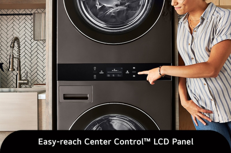 The LG WashTower WKEX300HBA in Black Steel, highlighting the conveniently located all-in-one Center Control™ panel for seamless operation.