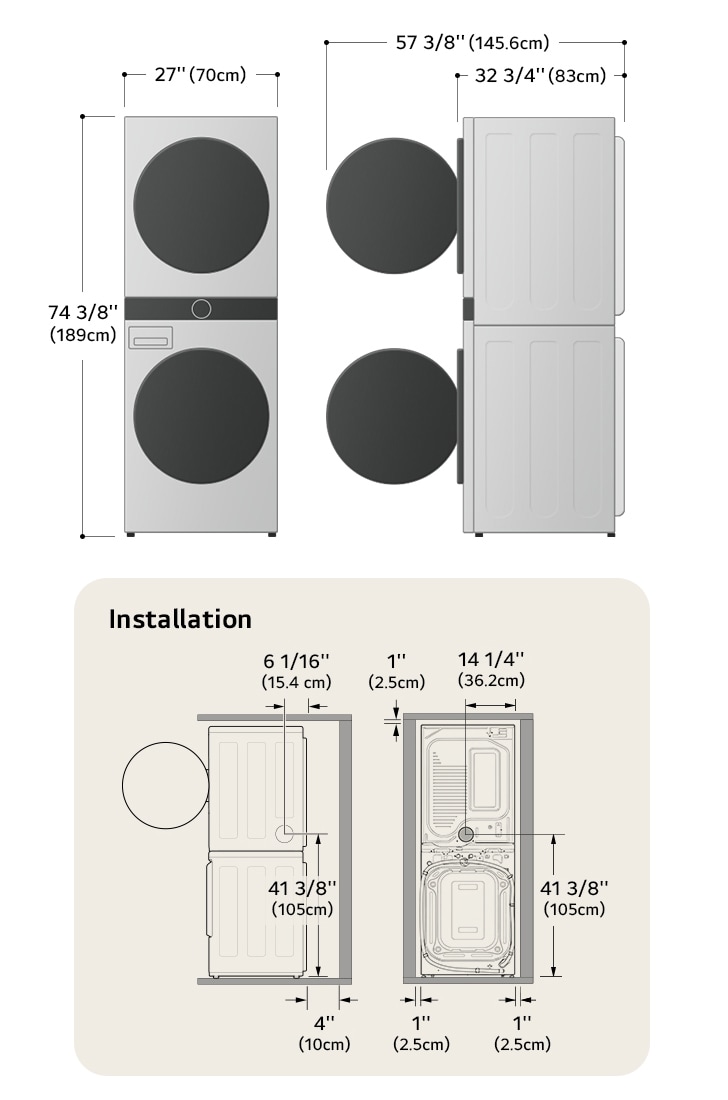 Technical dimension and installation diagram for the LG WashTower: 27 in (70 cm) wide, 74 3/8 in (189 cm) high, 32 3/4 in (83 cm) deep, and 57 3/8 in (145.6 cm) with door open, detailing installation clearances.
