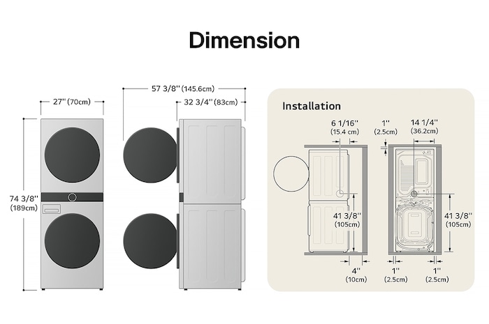 Technical dimension and installation diagram for the LG WashTower: 27 in (70 cm) wide, 74 3/8 in (189 cm) high, 32 3/4 in (83 cm) deep, and 57 3/8 in (145.6 cm) with door open, detailing installation clearances.